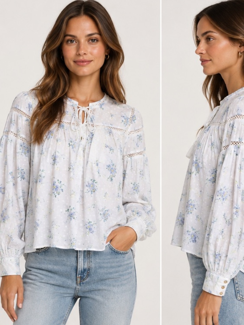LoveShackFancy Floral Tie-Neck Peasant Blouse